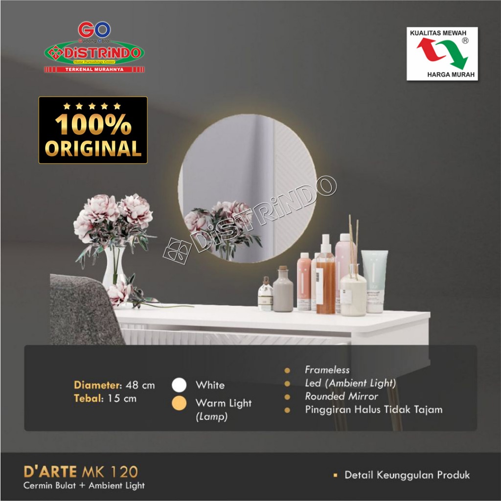 DISTRINDO Cermin Dinding Bulat LED / Cermin Meja Rias