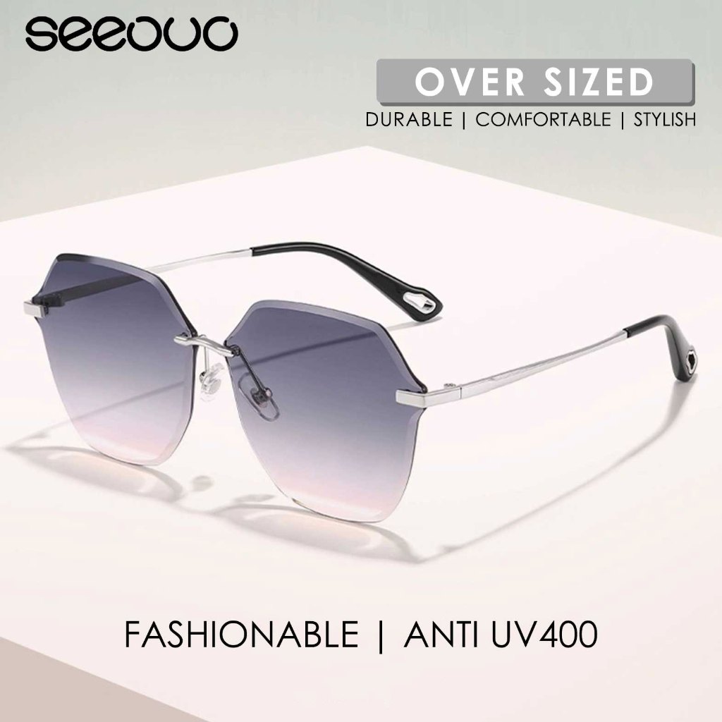 Seeouo Kacamata Anti UV 400 Lens Sunglasses Protection Rimless Oversize Kotak Semi Geometric Fashion