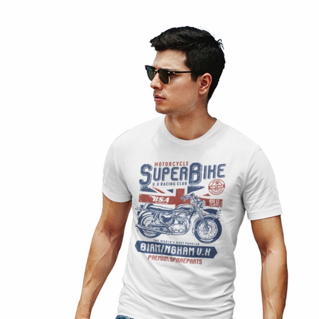 Kaos Motor Vintage Retro BSA Superbike Motorcycle Bikers White