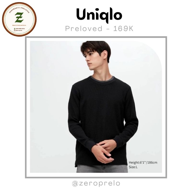 [Preloved] - UNIQLO Tshirt waffle crew neck lengan panjang Man black size L