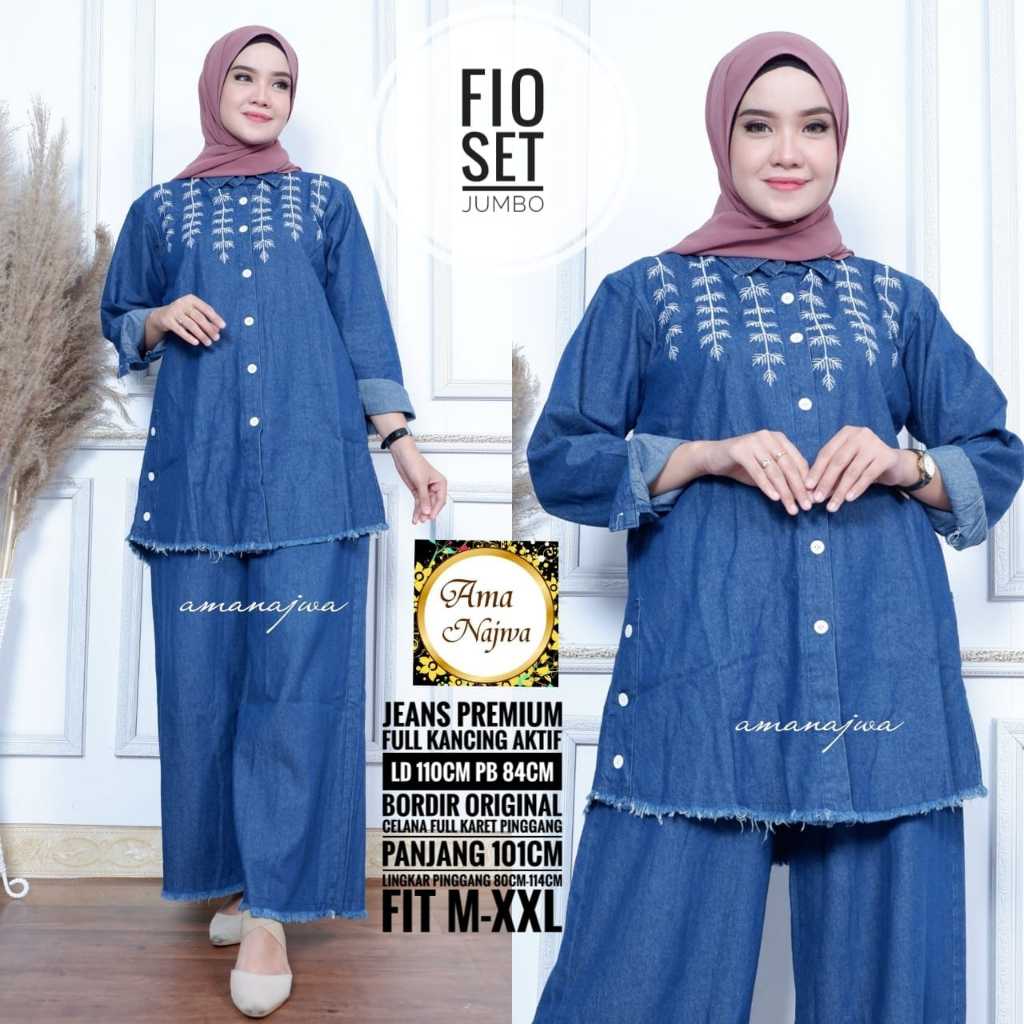 fio setelan 1 one set oneset stelan setcel atasan jeans washed wash jumbo bigsize over big size ld 1