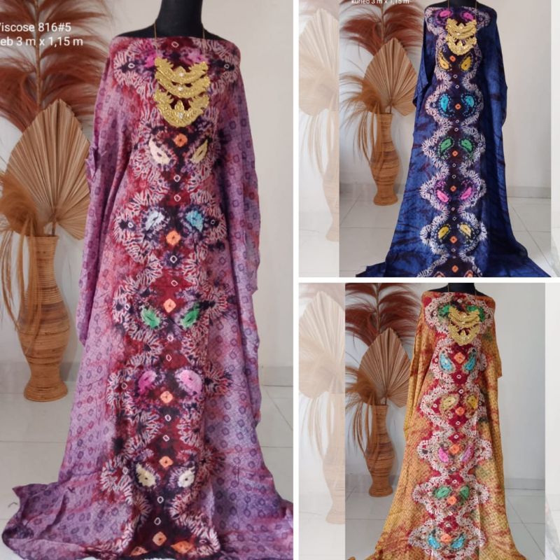 BAHAN KAIN JUMPUTAN PALEMBANG VISCOSE 3 METER WARNA BIRU KUNING DASAR BATIK JEMPUTAN COUPLE HANDMADE