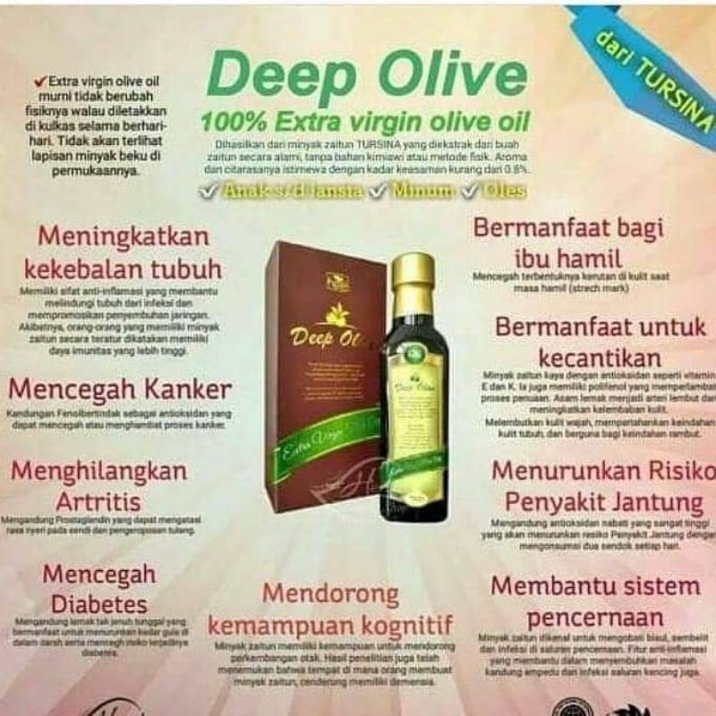 

Deep Olive / extra virgin olive oil / minyak zaitun HNI / minyak zaitun murni Grade A / Minyak zaitun asli HNI HPAI