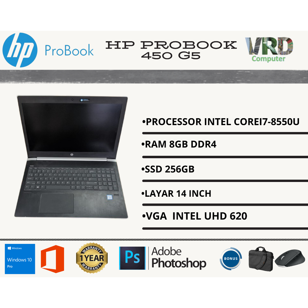 Laptop hp probook 450 g5 Intel core i7 8550u layar 14inch