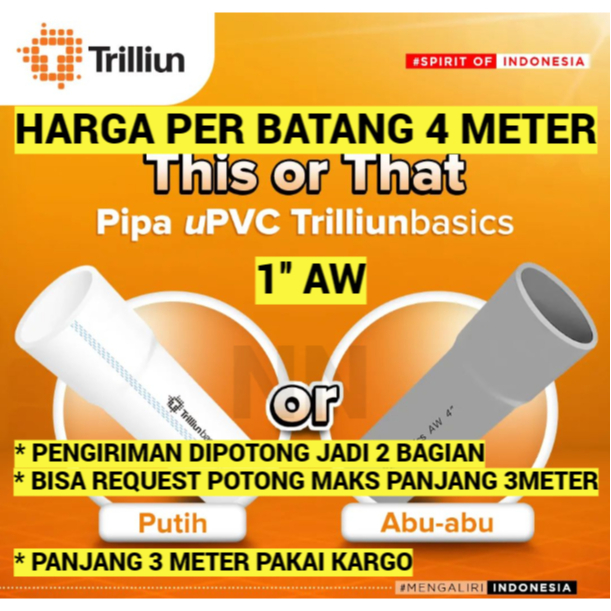 PIPA 1'' DIM INCH AW 1 BATANG 4 METER PIPA AIR PIPA PVC PRALON PARALON TRILLIUN PUTIH ABU ABU