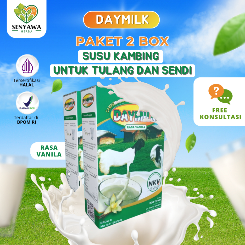 

PAKET 2 BOX SUSU DAYMILK RASA VANILA - Susu Kambing Etawa Bubuk Premium - Memelihara Kesehatan Tulang, Sendi, Meminimalisir Gejala Asam Lambung, Maag, Diare, Melegakkan Pernapasan Sesak dan Tidak Bau Prengus - 200gr Halal BPOM