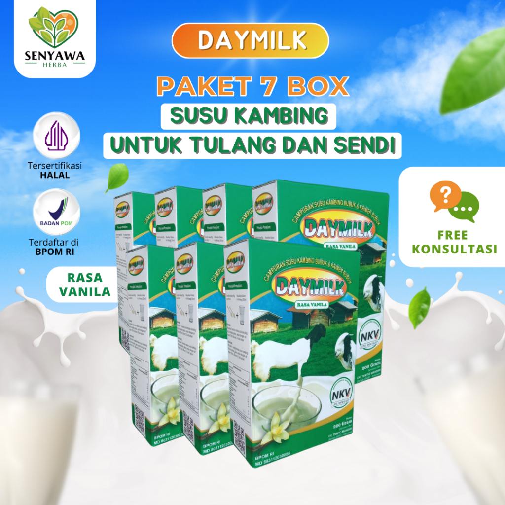 

PAKET 7 BOX SUSU DAYMILK RASA VANILA - Susu Kambing Etawa Bubuk Premium - Memelihara Kesehatan Tulang, Sendi, Meminimalisir Gejala Asam Lambung, Maag, Diare, Melegakkan Pernapasan Sesak dan Tidak Bau Prengus - 200gr Halal BPOM