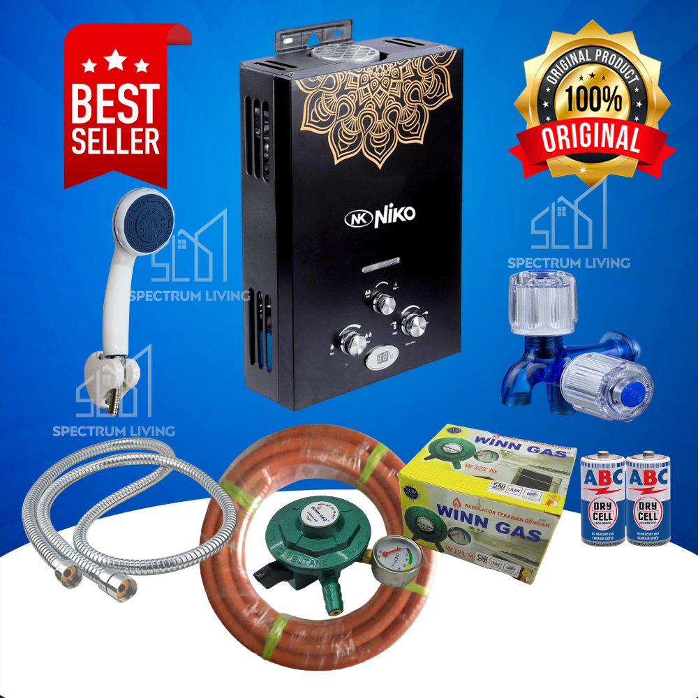 [BISA COD] Water Heater Niko LED Komplit: Pemanas Air Panas Kamar Mandi satu Set Warna Hitam