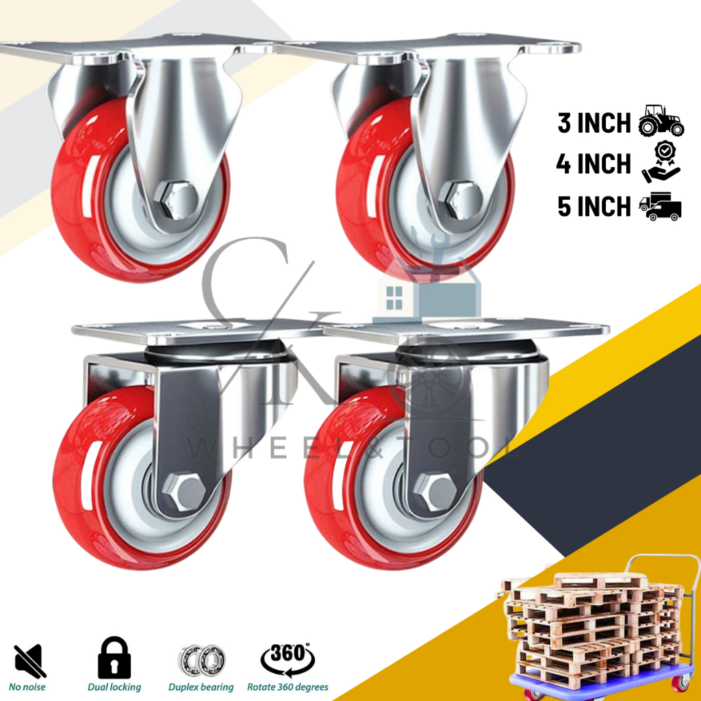 RODA CASTER PU MERAH UNTUK TROLY DENGAN BEARING HIDUP MATI 3  4 5 INCH HEAVY DUTY SET 4 PC