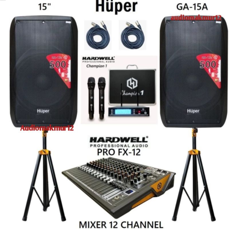 Paket sound Sistem Speaker Aktif Huper GA-15A 500 Watt Komplit Mixer Hardwell 12 Channel Dan Mic Wir