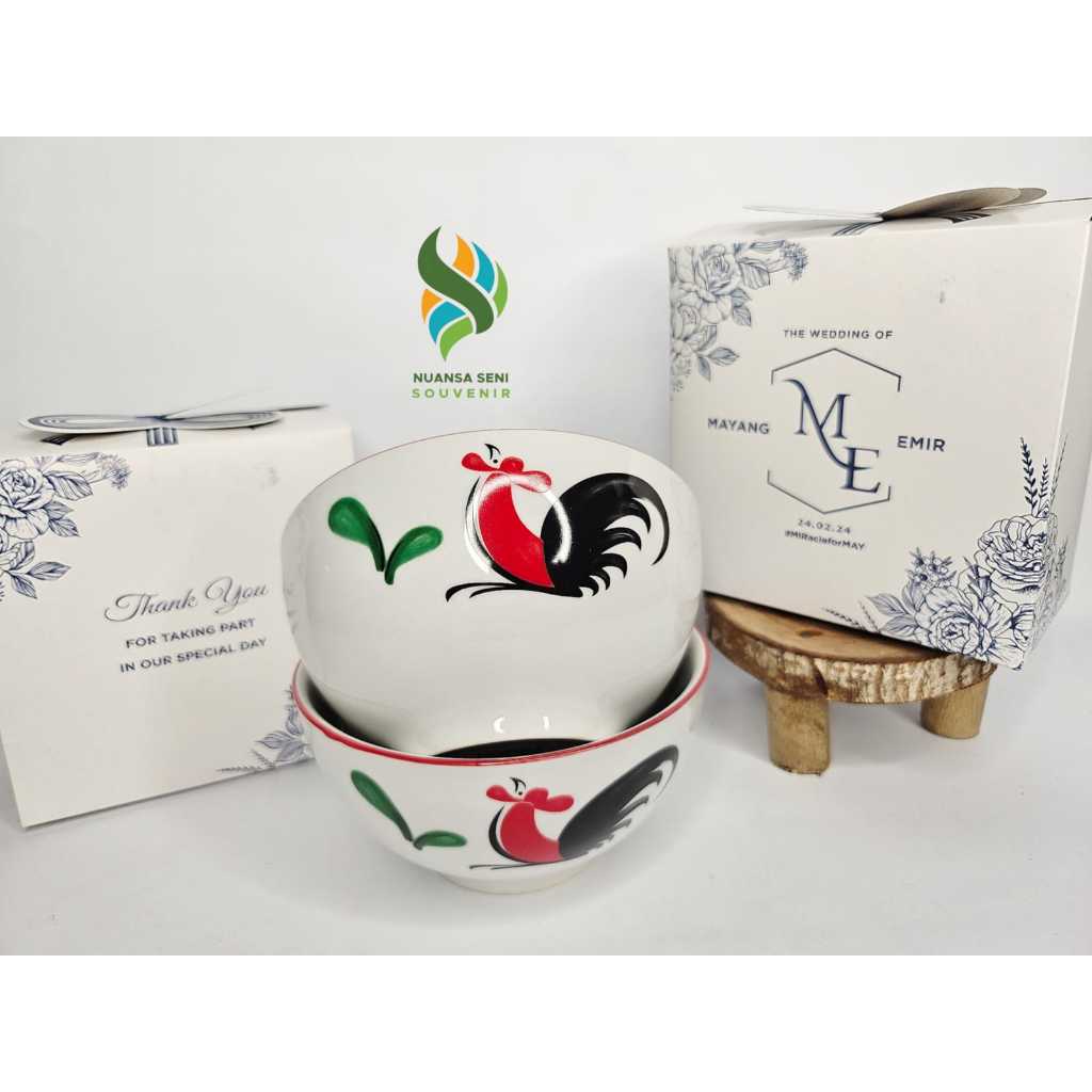 Souvenir Elegan Mangkok Aesthetic Mangkuk Restoran Motif Ayam Jago Mangkuk Kopin Keramik Besar Kemas