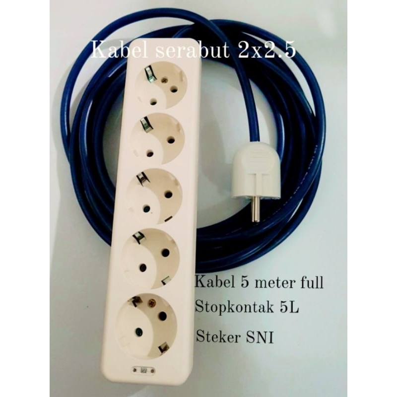Kabel roll Kabel lentur  Kabel serabut 2x2.5 Panjang 5 meter full + Stopkontak 5 lubang + Steker col