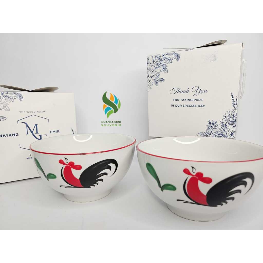Souvenir Aesthetic Elegan Mangkok Keramik Besar Mangkuk Ayam Kopin Mangkok Two Tone Sablon Kemas Box