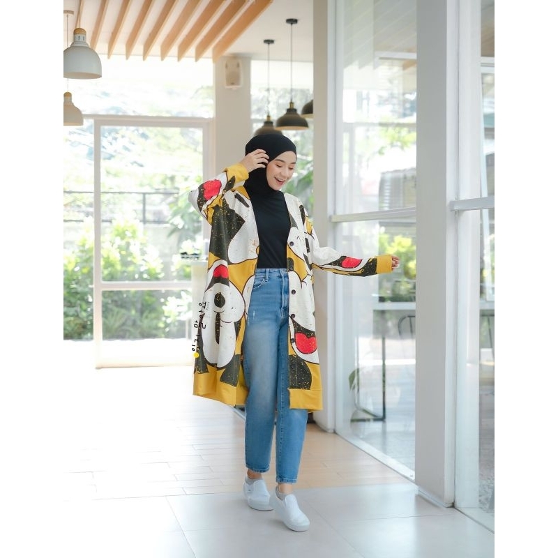 Mickey Cardy warna kuning mustard long cardigan bahan Babyterry import ukuran jumbo big size fit to 