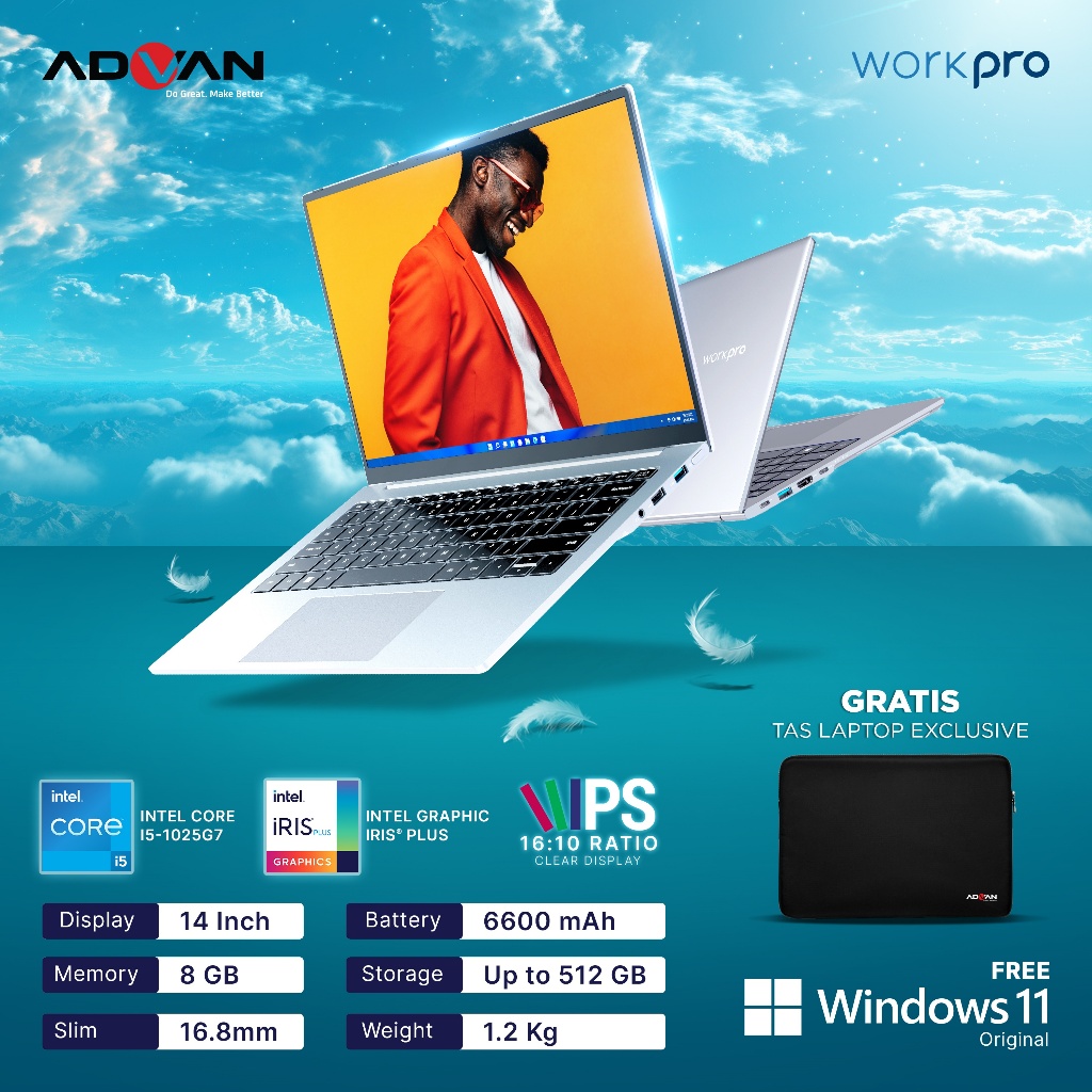 ADVAN Laptop Workpro i5-1035G7 14'' 16:10 FHD IPS 8GB 512GB / 256GB Win 11