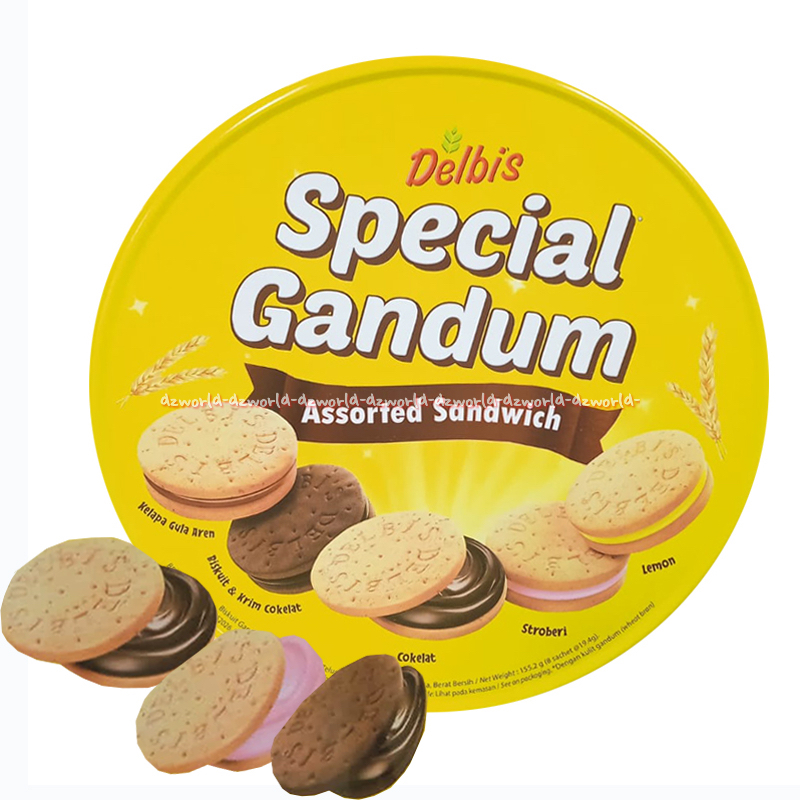 

Delbis 155gr Special Gandum Assorted Sandwich Kemasan Kaleng Biskuit Gandum Renyah Biscuit Kelapa Aren Krim Cokelat Stroberi