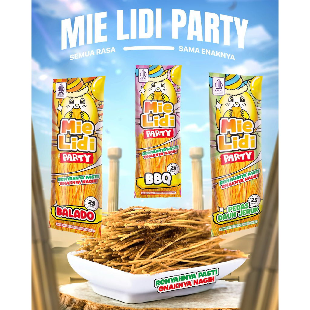 

Snack Viral Mie Lidi Party Rasa Pedas Daun Jeruk, BBQ, Balado - 25 gram - Jajanan, Cemilan Kekinian Mie Lidi