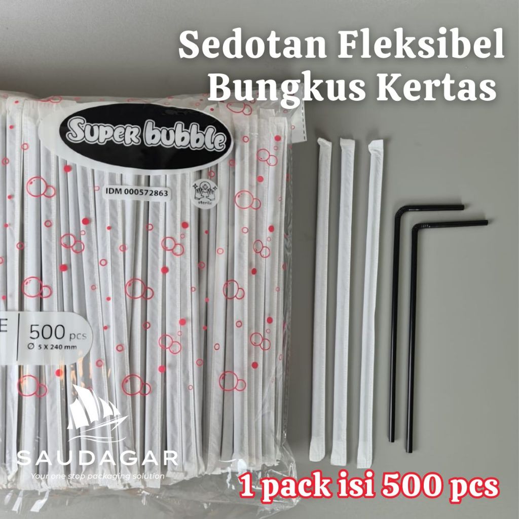 Sedotan plastik flexibel / Flexible Straw higienis bungkus kertas steril 5 mm 24 cm