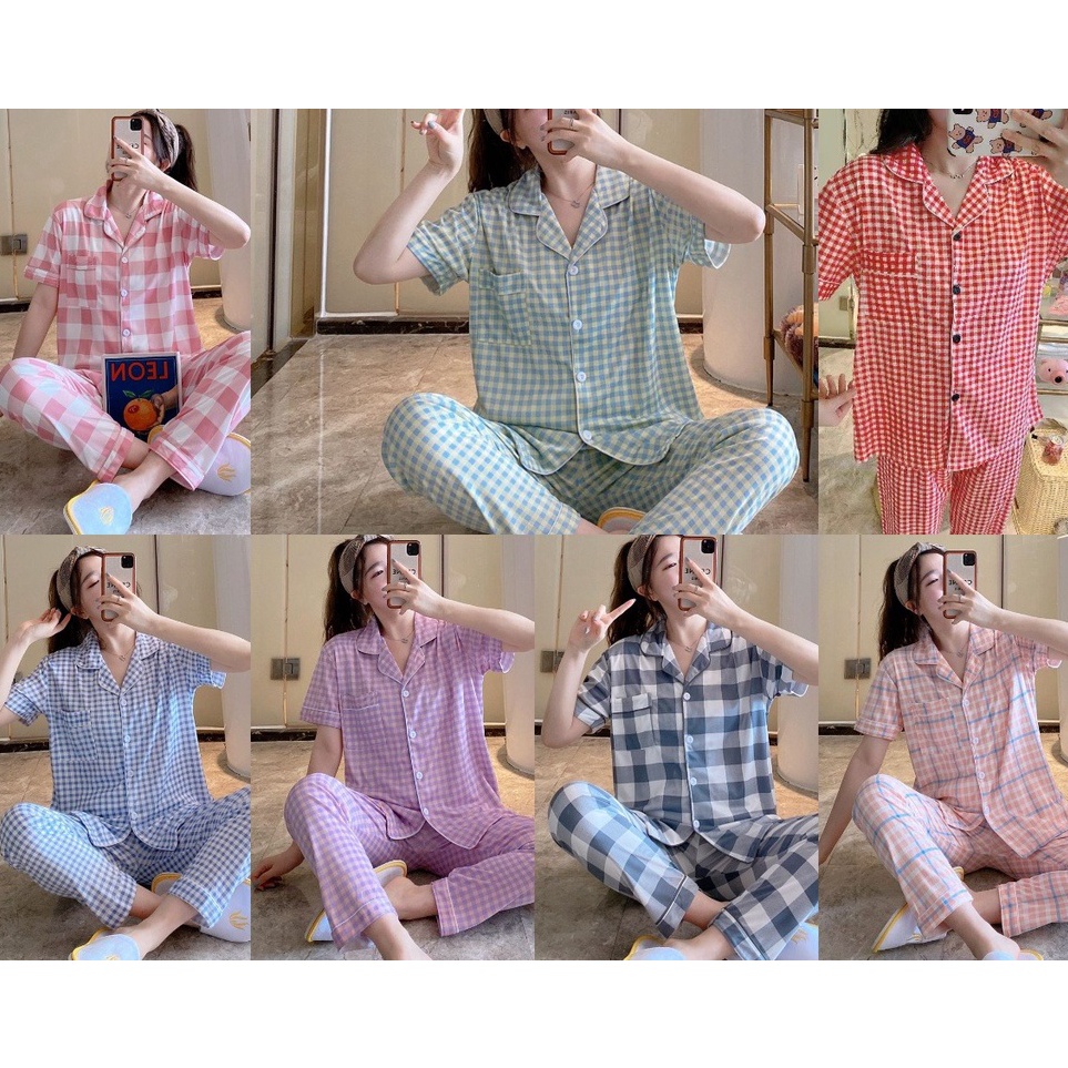 ART B1N3 Baju Tidur Wanita Dewasa Piyama Set Kekinian Model Kemeja CP Kotak Series Import