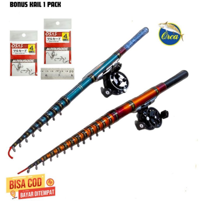 Sepaket joran tegek set kolong Orca TJL ruas pendek dan Reel tokos FX 55 Hitam