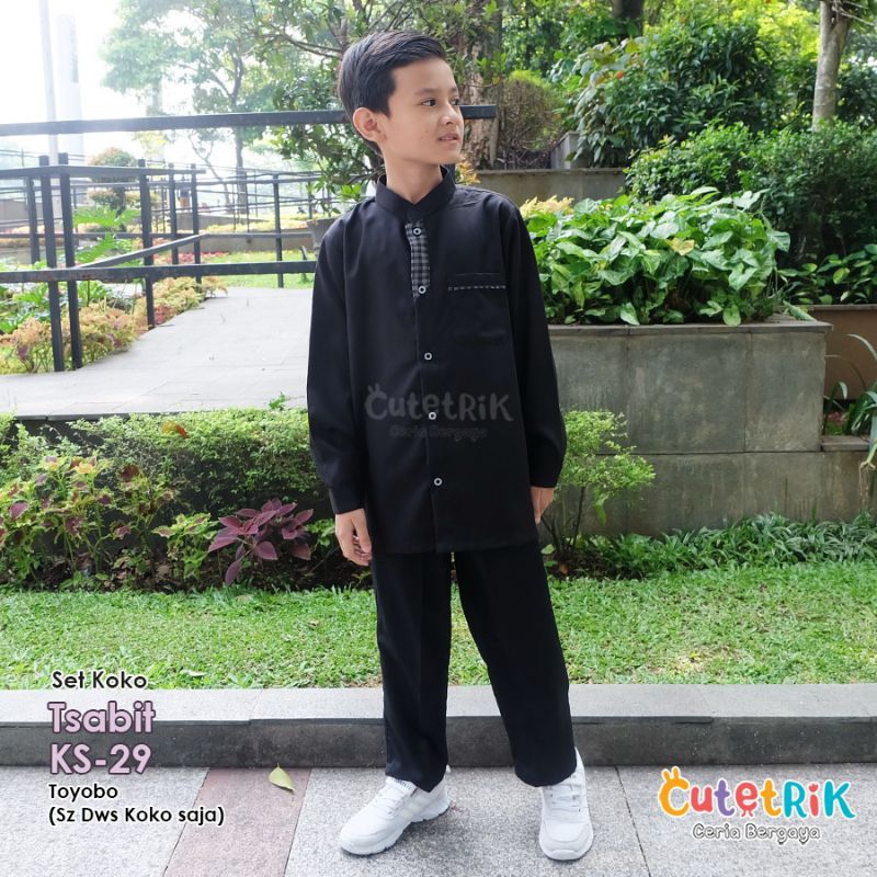 Setelan Koko Anak Laki Laki lengan Panjang  Set Koko Anak dan Celana Panjang Warna Hitam Cutetrik