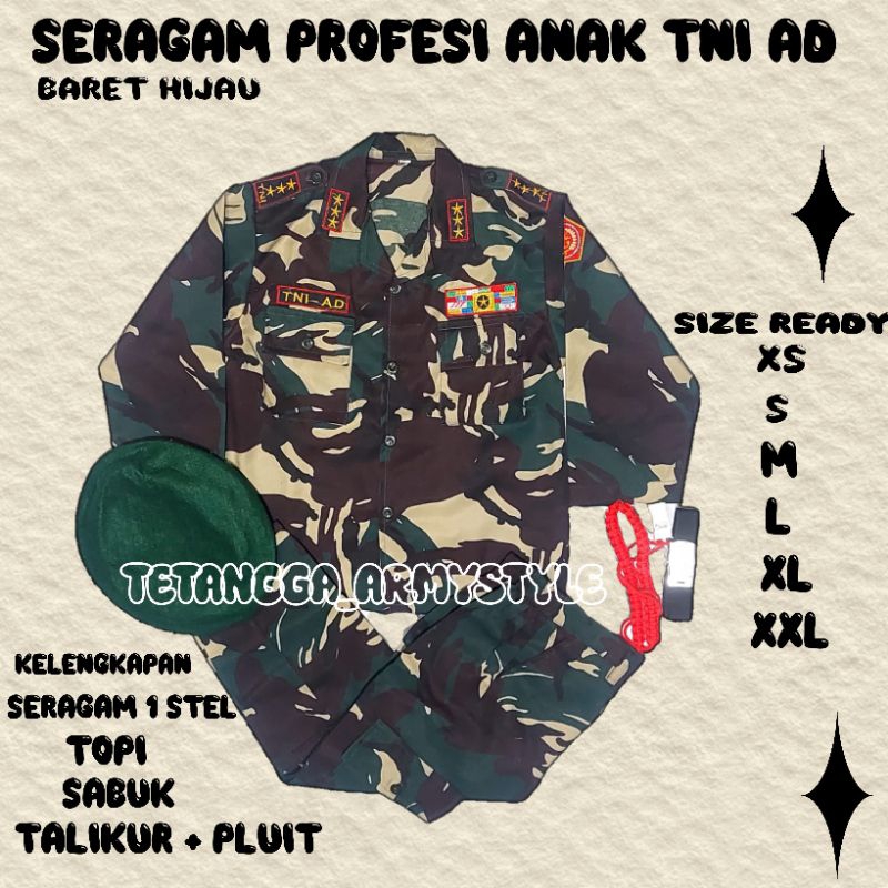 SERAGAM PROFESI ANAK TNI AD BARET HIJAU / setelan anak / baju anak tni ad