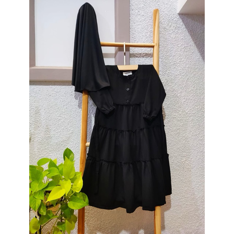 Gamis Hitam Anak Set Renda Tingkat Size 4 - 12 Tahun