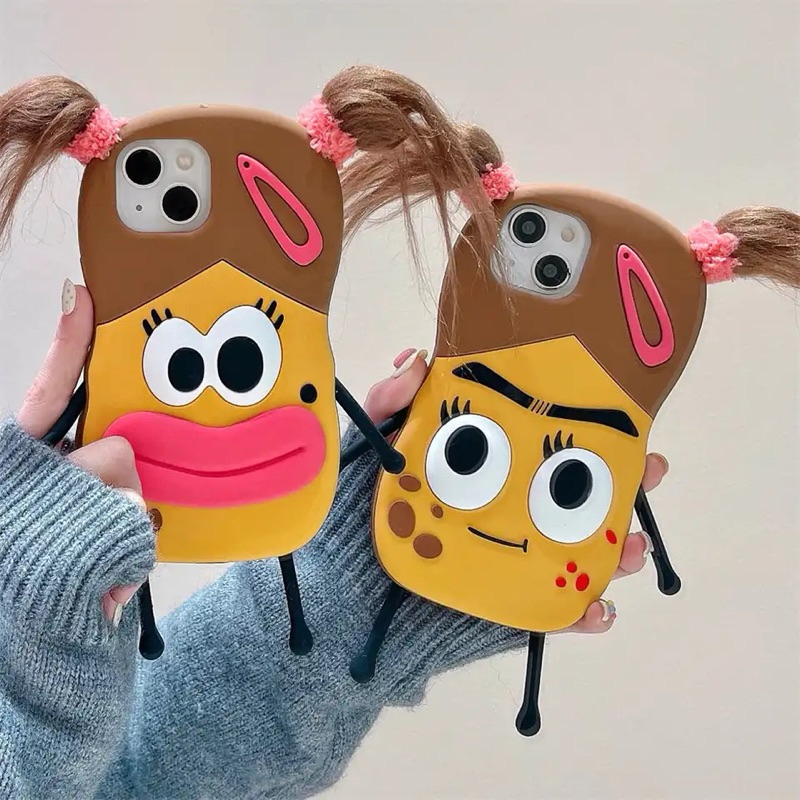 Korean Super cute 3D Diy Braid sausage mouth Pot-face Ugly girl silicone case for iphone 12 13 14 15 Pro Max Funny cartoon cover