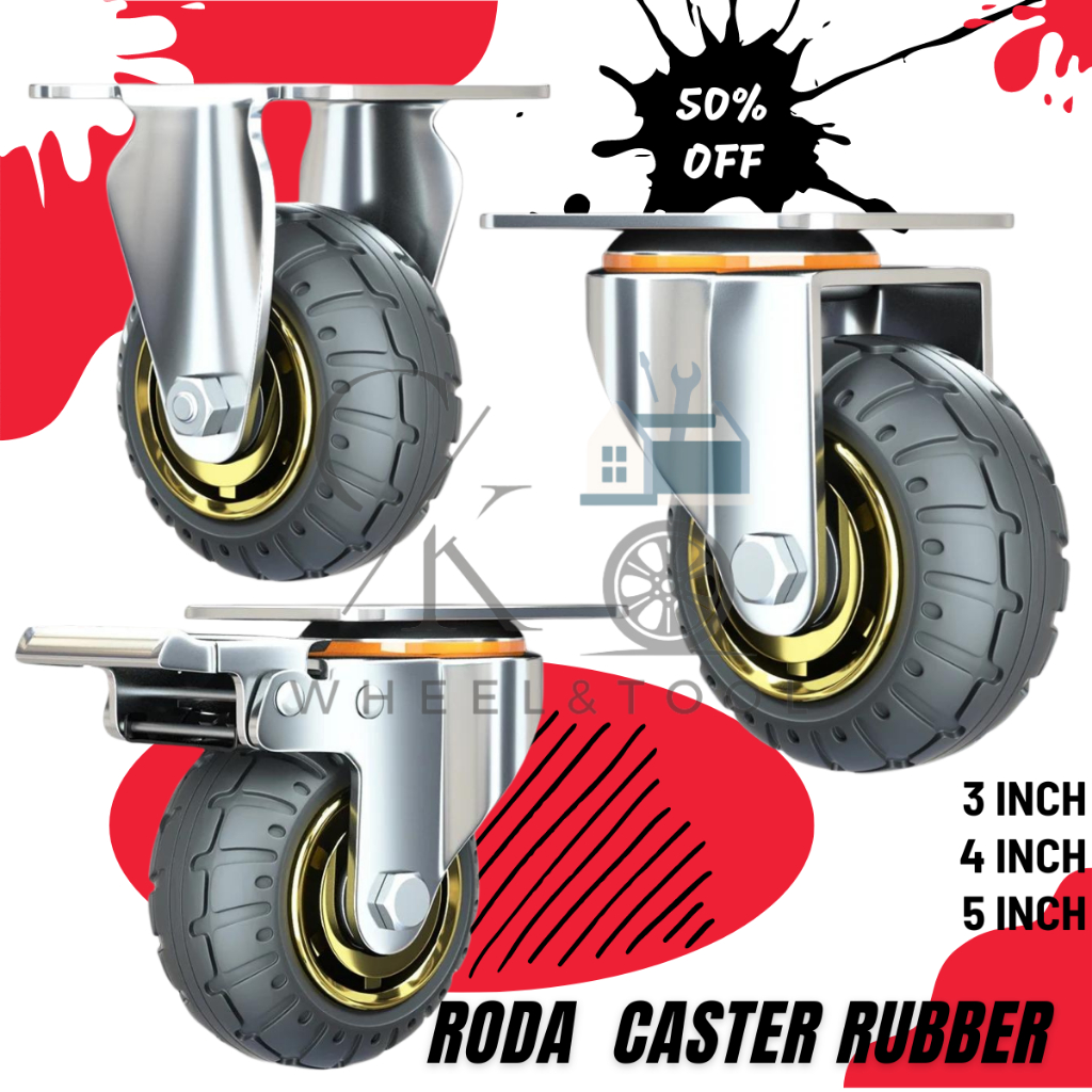 RODA CASTER RUBBER UNTUK RODA TROLY HEAVY DUTY REM MATI HIDUP 3 4 5 INCH