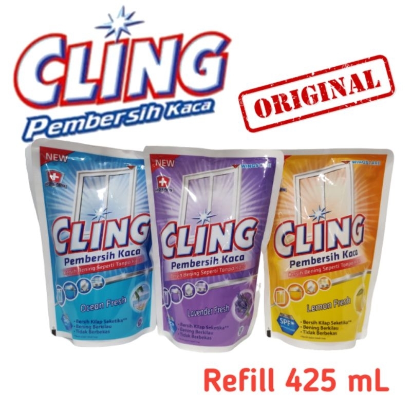 CLING PEMBERSIH KACA ISI ULANG 425 ML BIRU OCEAN FRESH/ LEMON FRESH/ LAVENDER FRESH