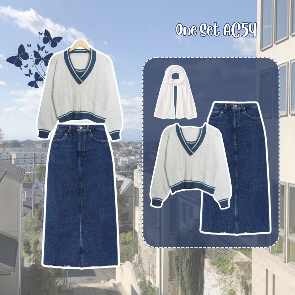 AC54 - 3IN1 Set Sweater Rajut Setelan Denim Skirt OOTD Remaja Perempuan Korean Ala Aesthetic Girl ( 