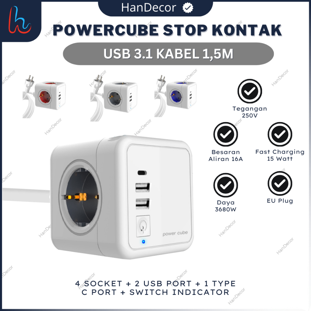 Powercube Stop Kontak Extended USB Fast Charging 4 Socket 3.1 | Stop kontak colokan listrik kubus Ty