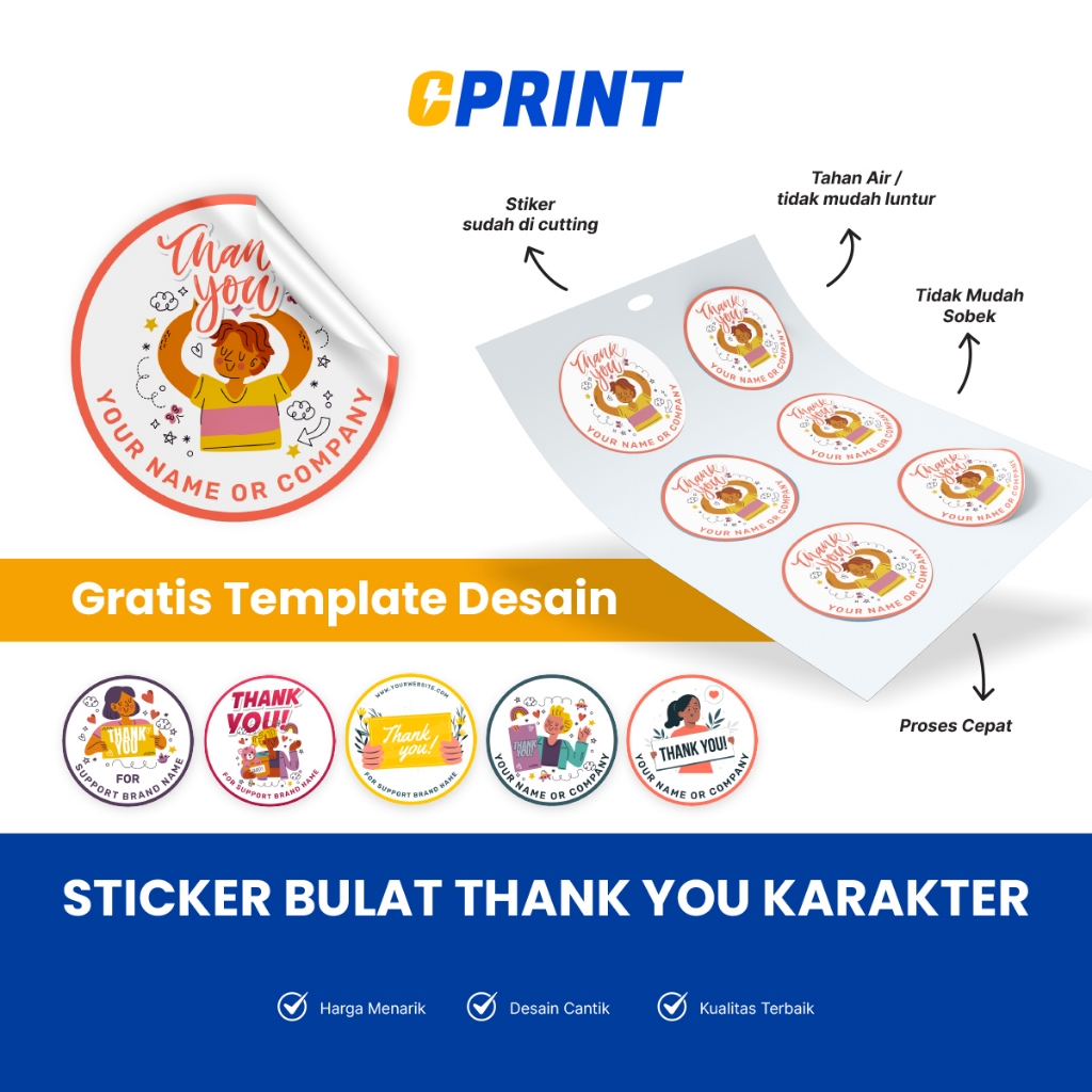 

Stiker Vinyl Susu/Transparan Label Thank You Kartun Bulat Anti Air Custom Free Template