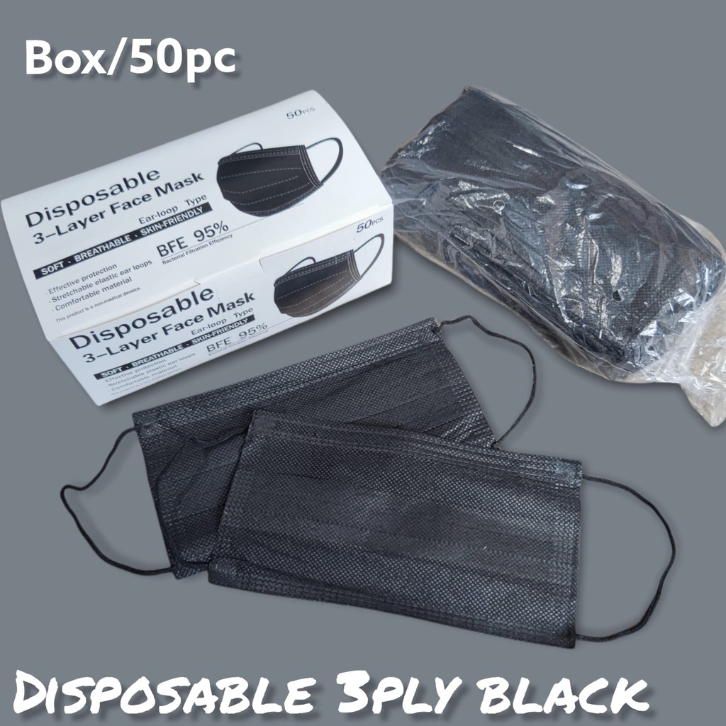 MASKER 3PLY HITAM BLACK PP 50 NON WOVEN EARLOOP HIJAB DISPOSABLE FACE MASK ISI  50 PC