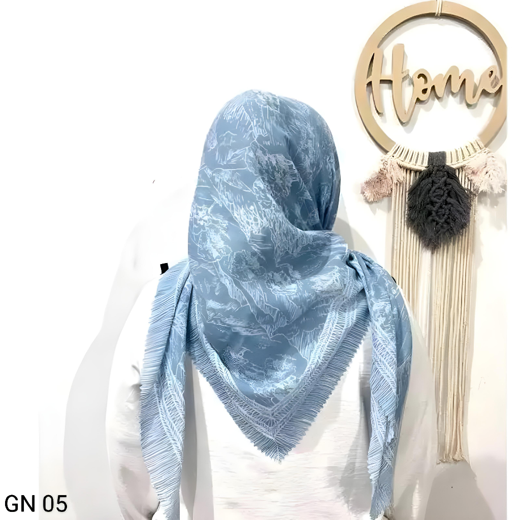 Jilbab Voal Motif Finishing Laser Cut Printing | Jilbab Segi Empat Premium Gunung Biru Telor Asin