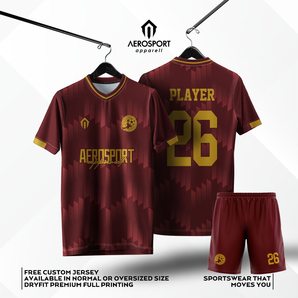 Aerosport Jersey MAROON GLEAMING V-Neck Futsal Bola Setelan Full Printing Dryfit Premium Bisa Satuan