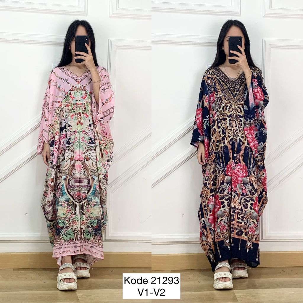 21293 LONG MAXI SLIKY  FULL MOTIF PRINTING VARIASI MOTIF  KAFTAN V NECK PREMIUM WANITA TERUSAN KAFTA