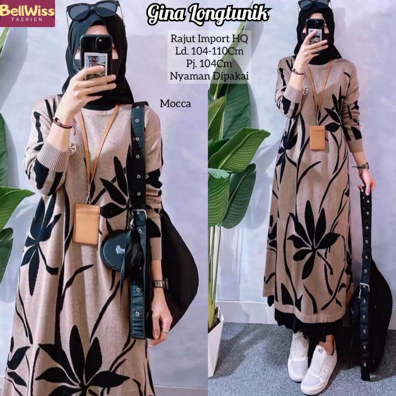 GINA LONG TUNIK BY BELLWIS/TUNIK RAJUT MOTIF DAUN