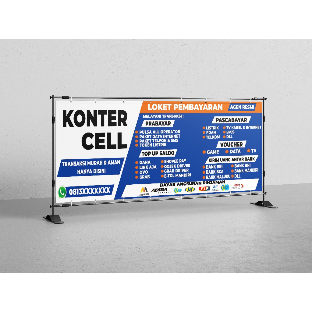 BANNER SPANDUK KONTER PULSA CUSTOM DESAIN & UKURAN/HIASAN KONTER PULSA/PERLENGKAPAN KONTER PULSA