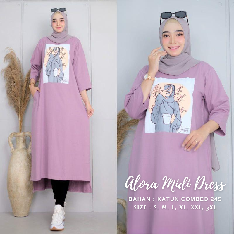 Midi Dress Jumbo Lengan Panjang Adora Midi Dress BO Size S M L XL XXL 3XL Bahan Katun Combed Aplikas