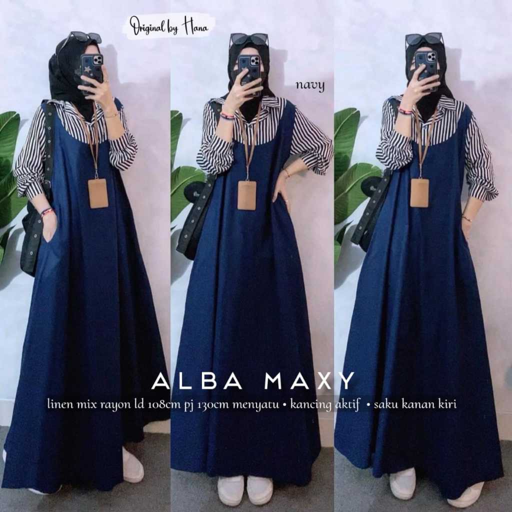 Baju Gamis Casual Motif Salur LD 110 Bahan Rayon Mix Linen Terbaru Garis Garis Kekinian Alba By Hana