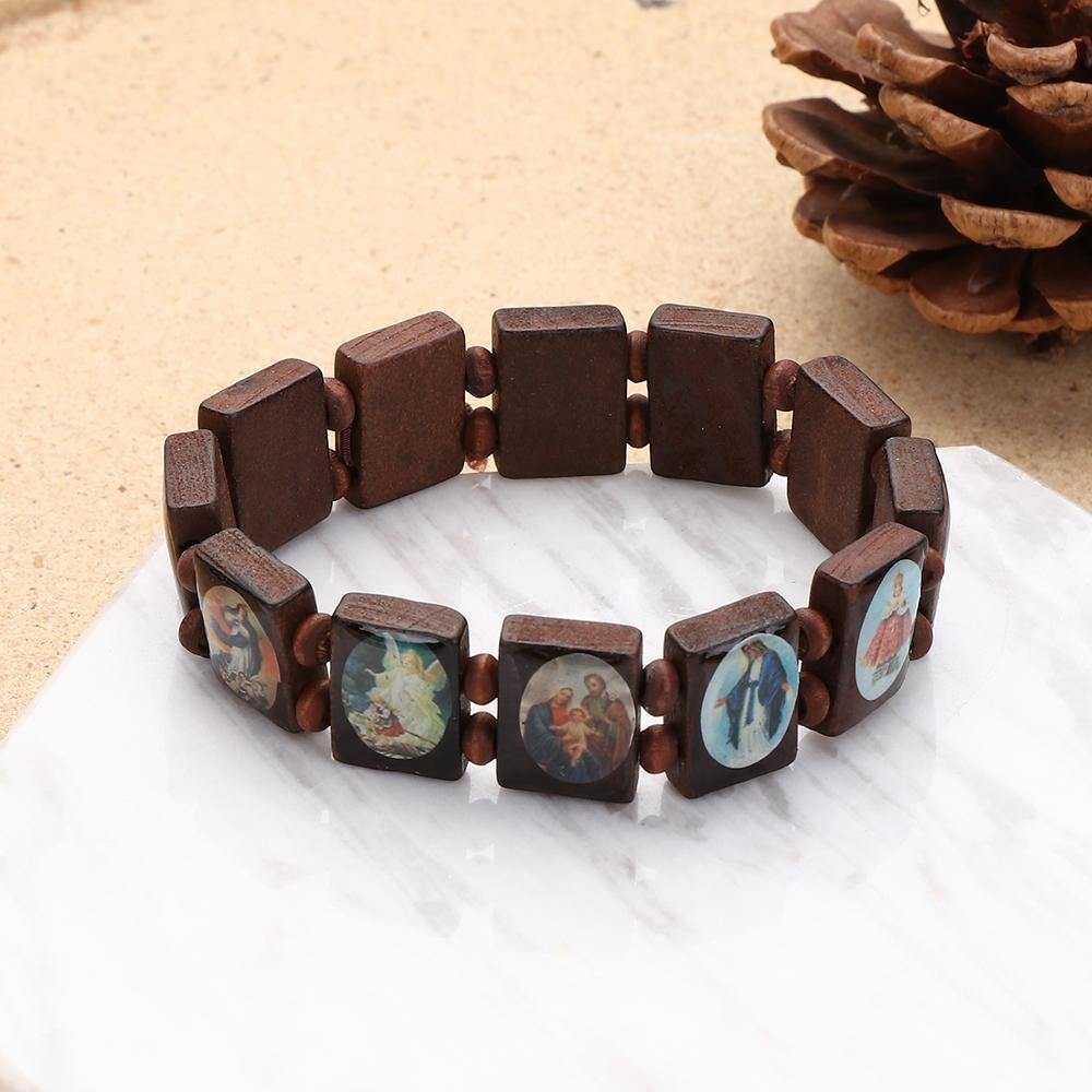 Gelang Kayu Motif Lukisan Jesus / Gelang Kayu Yesus Rosario Warna Coklat & Hitam / Aksesoris Gelang 