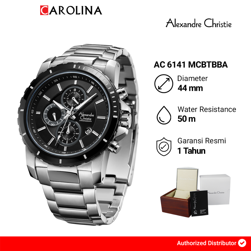 Jam Tangan Pria Alexandre Christie Chronograph AC 6141 MCBTBBA Black Dial Stainless Steel Strap