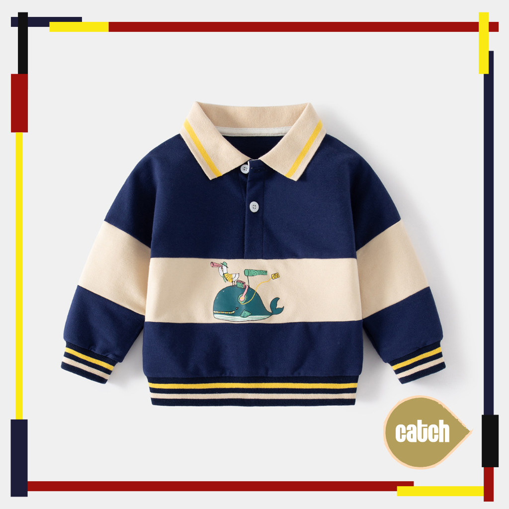 COD Baju Sweater Kerah Anak Laki-Laki Lengan Panjang Gambar Relax Whale Warna Navy