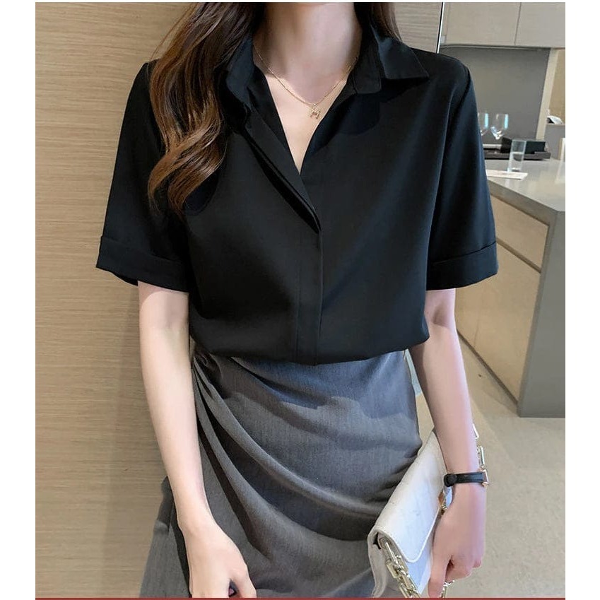 KEMEJA WANITA LENGAN PENDEK KEMEJA BASIC ATASAN WANITA BLOUSE LENGAN PENDEK KEMEJA POLOS OVERSIZE KE