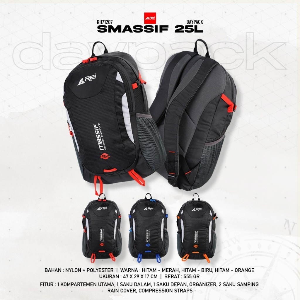 Tas Ransel Pria MASSIF 25L AREI OUTDOORGEAR - BACKPACK REI 25L MASSIF BLK - DAYPACK AREI MASSIF 25L 
