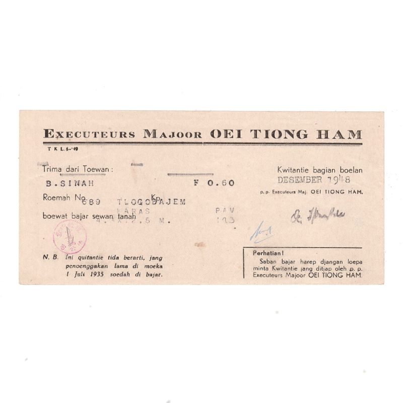 Kwitansi Kuno Executeurs Majoor OEI TIONG HAM Semarang 1948