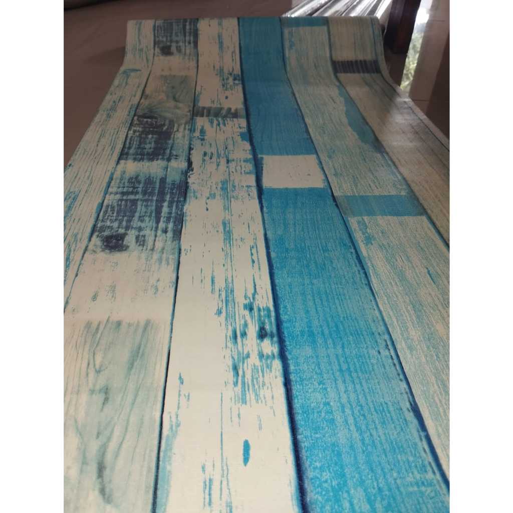 Wallpaper stiker dinding motif kayu garis biru CY1066 sudah berperekat