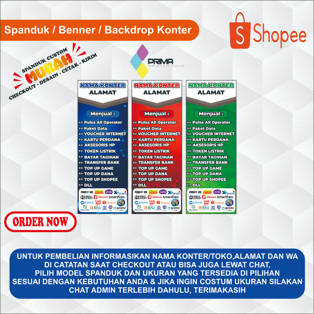 BENNER SPANDUK KONTER PULSA BERDIRI CUSTOM UKURAN 160X60 CM