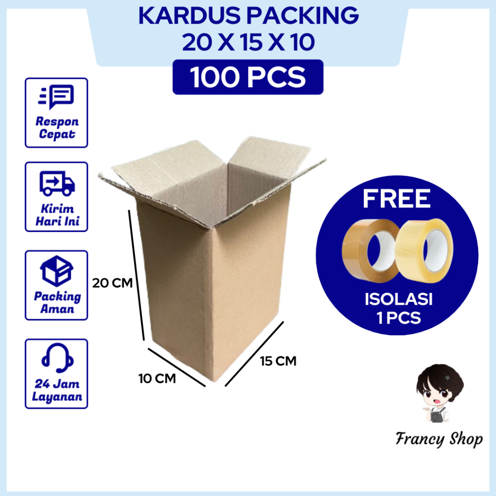 

Paket Spesial Kardus Packing 20x15x10 cm x100 Pcs Free Isolasi